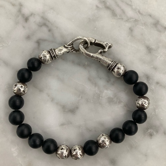 JOHN VARVATOS Sterling Silver Distressed Onyx Bracelet with Skull Clasp. - Picture 3 of 7